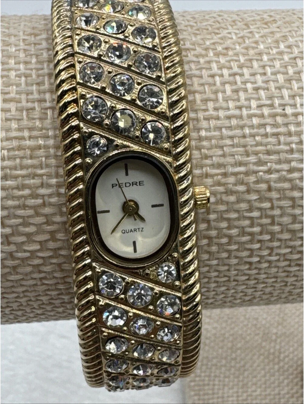 Vintage Pedre Gold Tone Bangle Watch Studded With Rhinestones New Battery W/Box